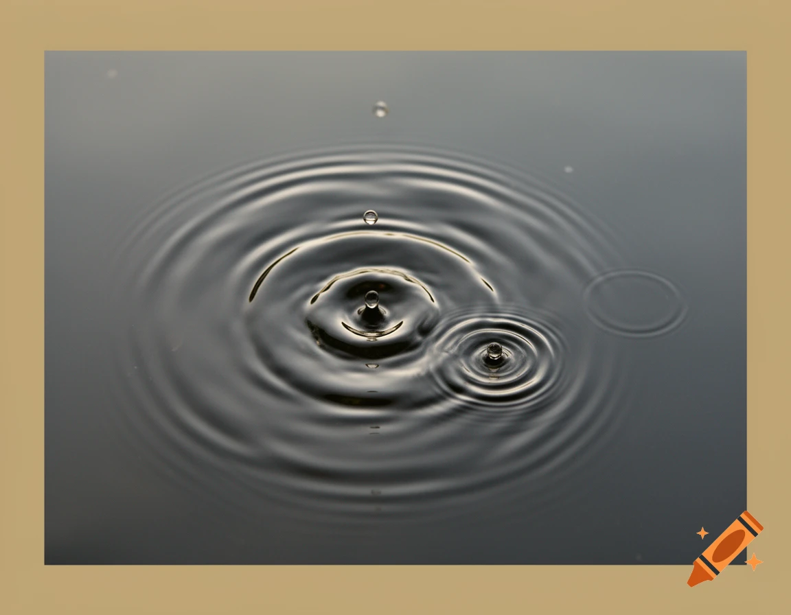 Close-up of multiple water drops creating ripples on a dark water surface.