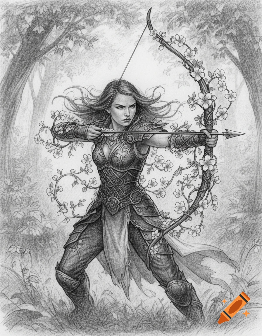 Pencil drawing of a young female warrior in fantasy armor, aiming a flower-adorned bow and arrow in a forest.
