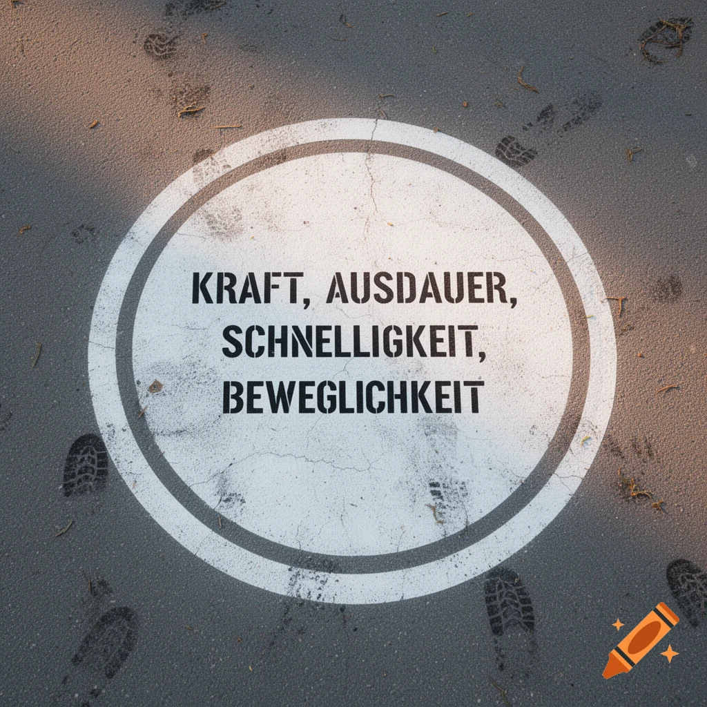 A white circle stencil on gray asphalt with black text: Kraft, Ausdauer, Schnelligkeit, Beweglichkeit. Footprints are around it.