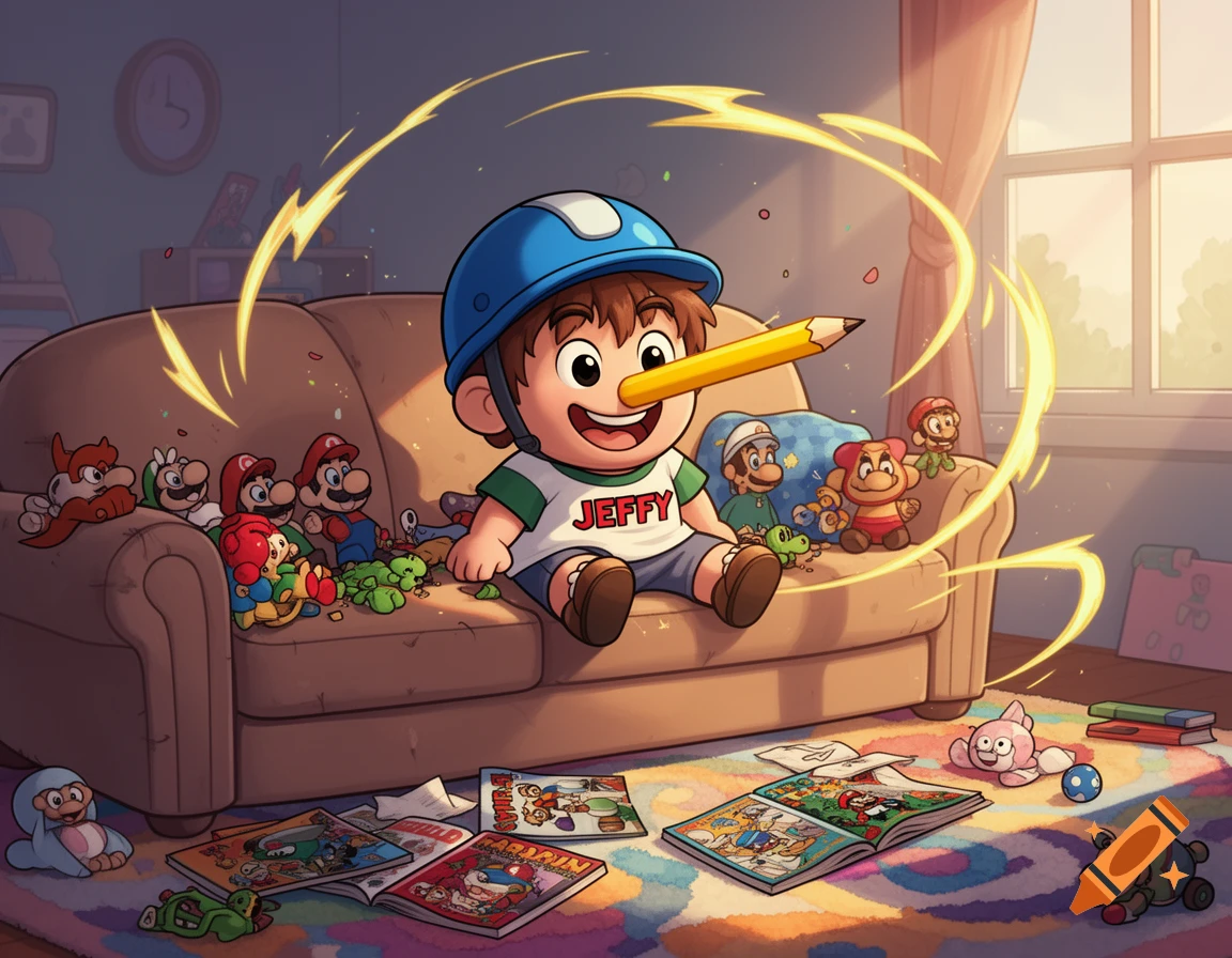Cartoon boy in a blue helmet with a pencil on his nose, sitting on a couch with Mario toys in a sunny living room.