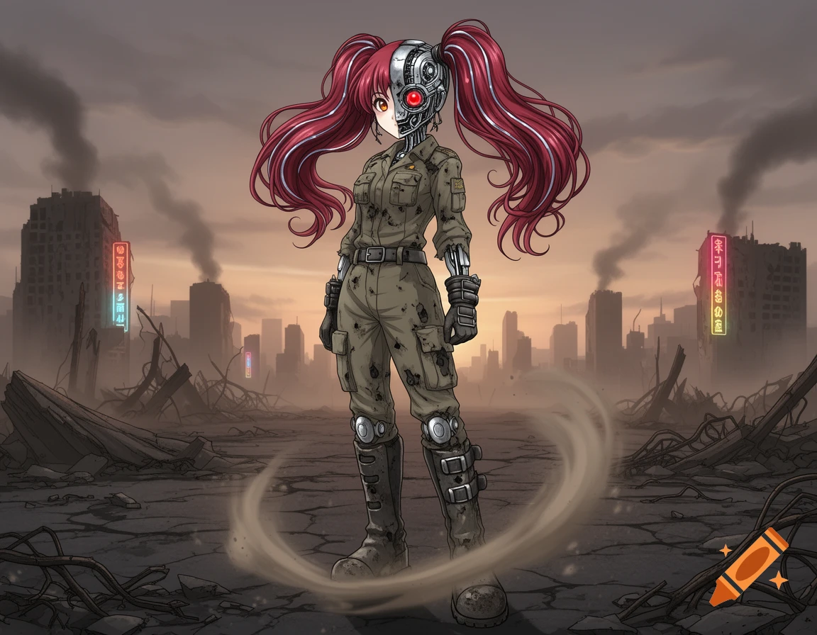Anime-style Teto Kasane with a cyborg face and red pigtails, wearing military fatigues in a ruined, smoke-filled cityscape.