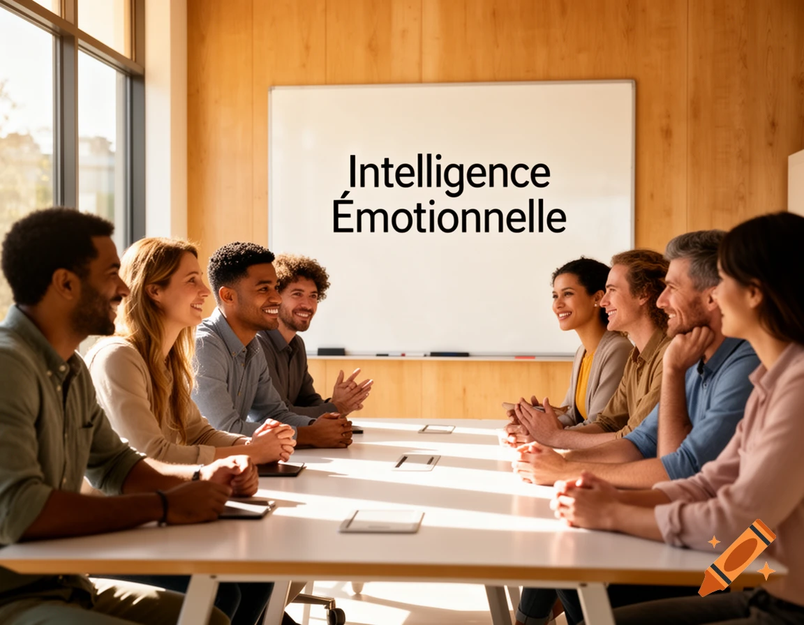 Diverse professionals in a bright meeting room, looking at a whiteboard with 'Intelligence Émotionnelle' written on it.
