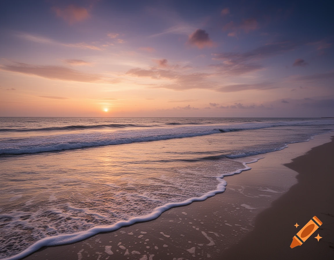 Photorealistic sunset over a serene beach with gentle waves washing ashore, casting warm hues across the sky and water.