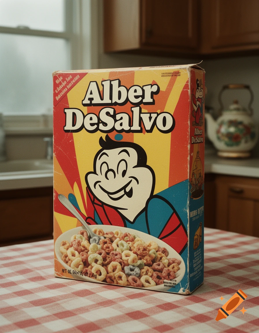A vintage-style cereal box for "Alber DeSalvo" with a smiling cartoon character and a bowl of colorful cereal sits on a red checkered tablecloth in a kitchen.