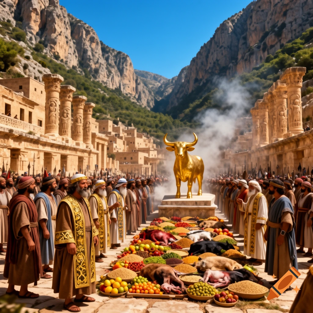 Ancient people in a mountain valley worship a golden calf statue, surrounded by food offerings and an ancient city.