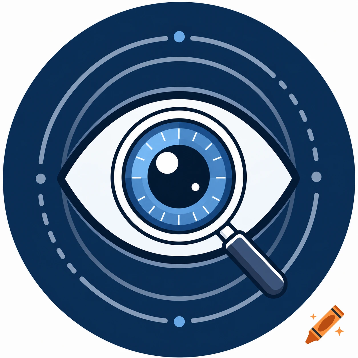 A dark blue circular app icon features a stylized eye with a magnifying glass over it, surrounded by abstract lines.