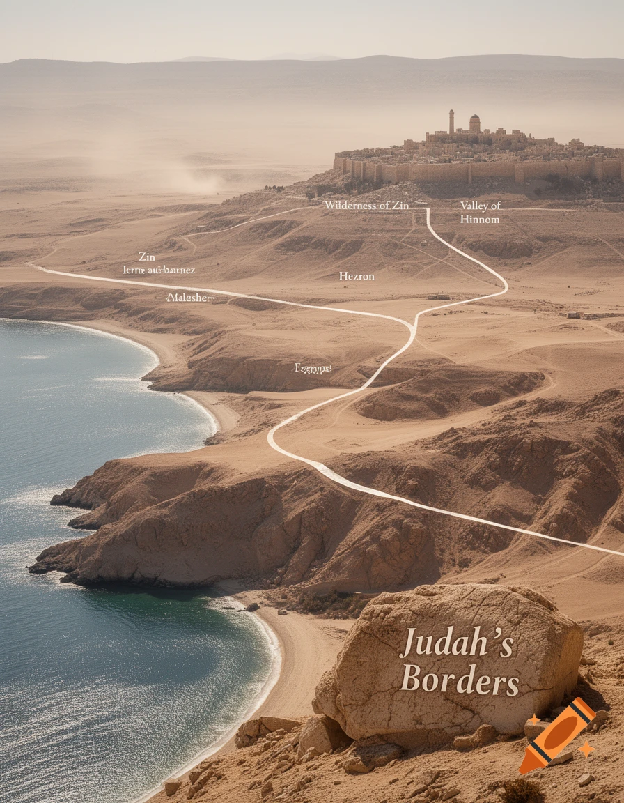 Aerial view of a desert coastline with a fortified city on a hill, marked with biblical place names like 'Wilderness of Zin' and 'Valley of Hinnom'. A large rock in the foreground reads 'Judah's Borders'. A white path winds through the landscape.