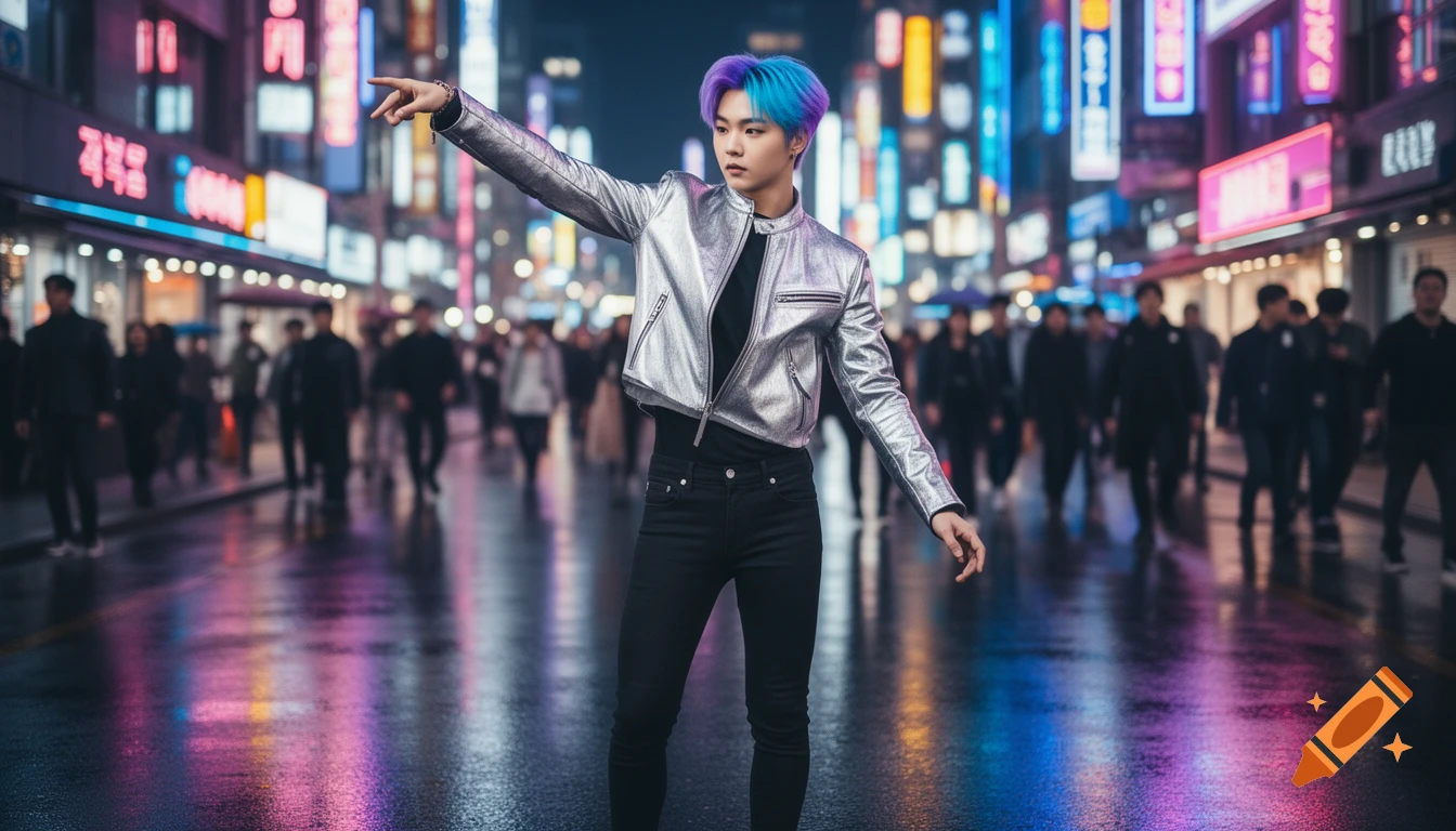 A K-pop star in a silver jacket with blue and purple hair poses on a wet city street at night, illuminated by neon lights.