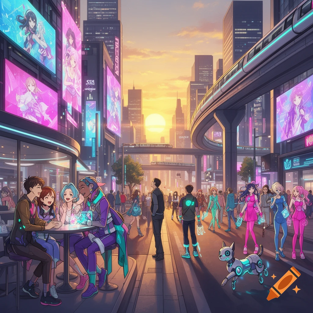 Anime digital art of a vibrant futuristic cityscape at sunset, with people, a robot dog, and neon billboards on buildings.