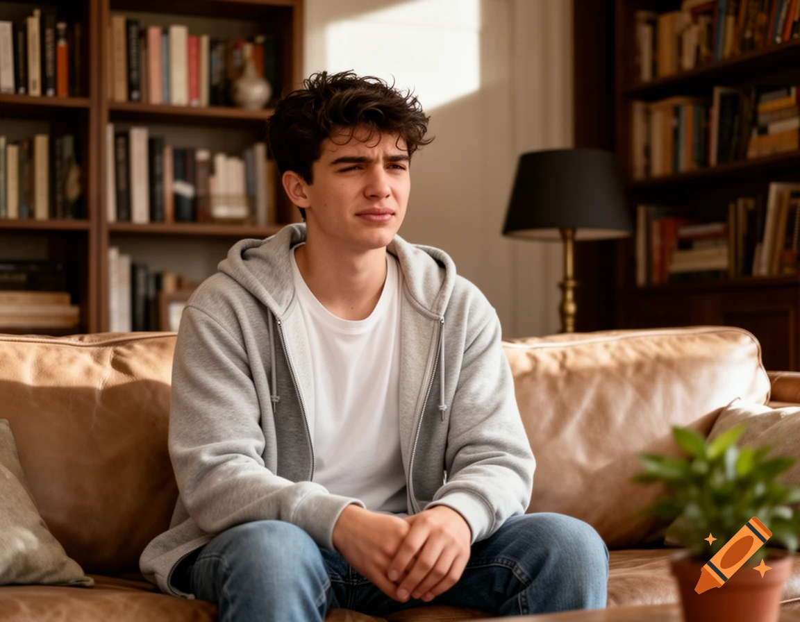 Photorealistic portrait of a pensive young man with curly hair, sitting on a brown leather couch in a room with bookshelves.