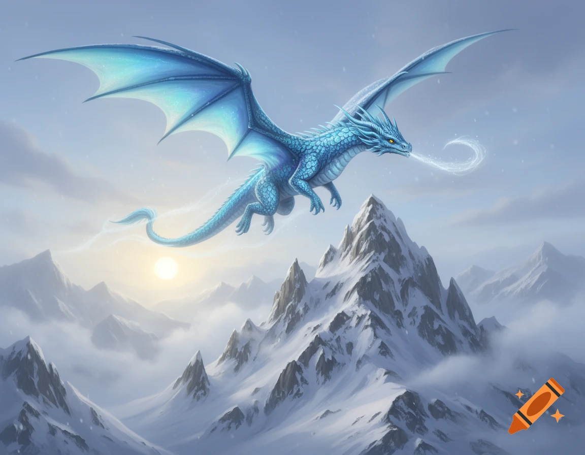 A majestic blue dragon with glowing wings flies over snow-capped mountains and clouds under a bright sky in a fantasy art style.