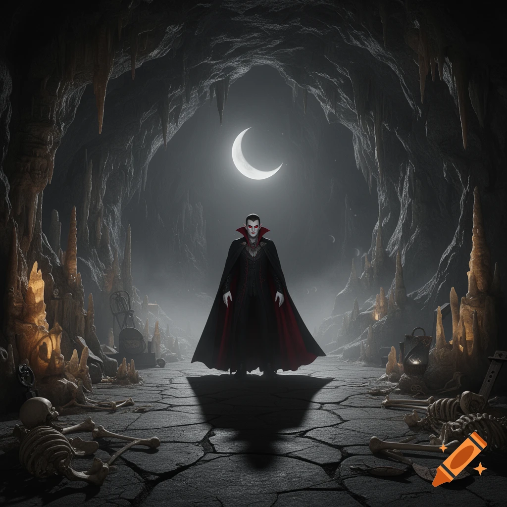 A vampire in a long cape stands in a dark, foggy cave illuminated by a crescent moon, surrounded by skeletons and rock formations.