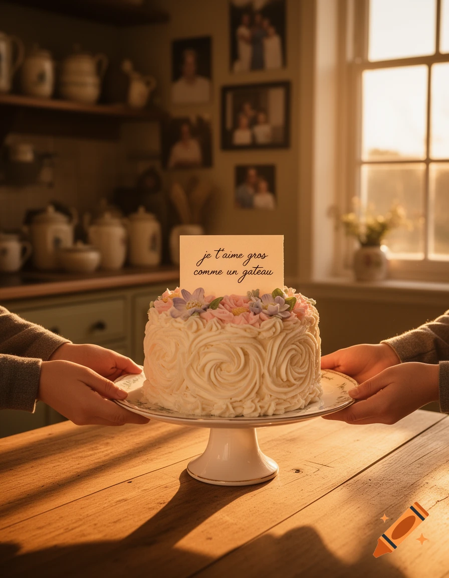 Two hands present a white frosted cake with floral decorations and a 'je t'aime' card on a wooden table in a sunlit kitchen.
