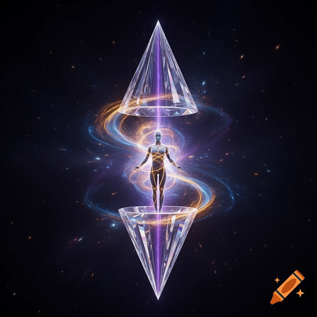A stylized human figure floating between two clear crystal cones, emitting glowing energy amidst swirling nebulae and stars.