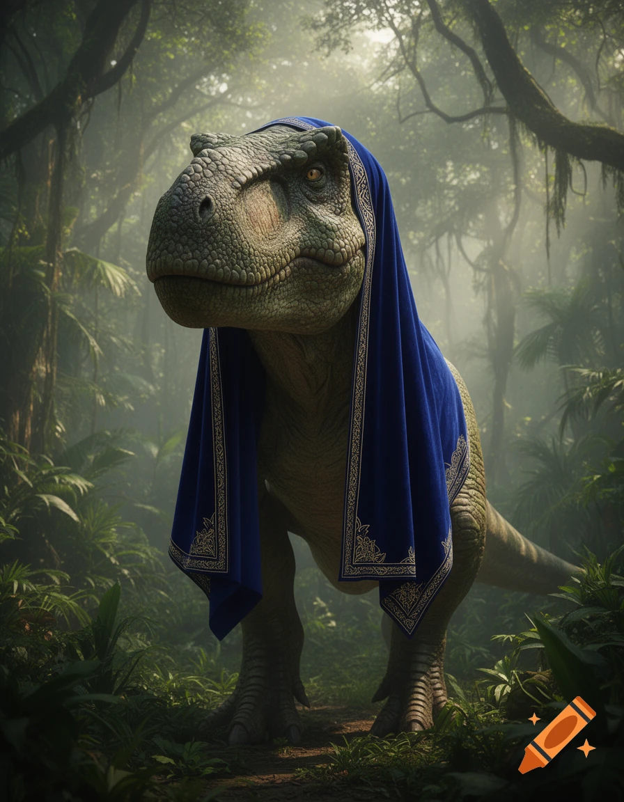 A T-Rex with textured scales wears a blue veil with gold trim, standing on a path in a lush, misty jungle.