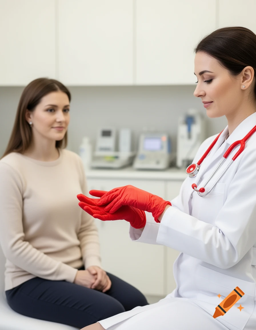 A doctor wearing red gloves and a stethoscope sits opposite a patient in a medical exam room.