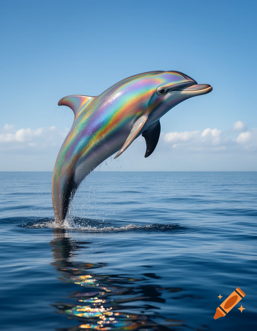 A vibrant rainbow-colored dolphin leaps out of the clear blue ocean under a bright sky, creating water splashes.