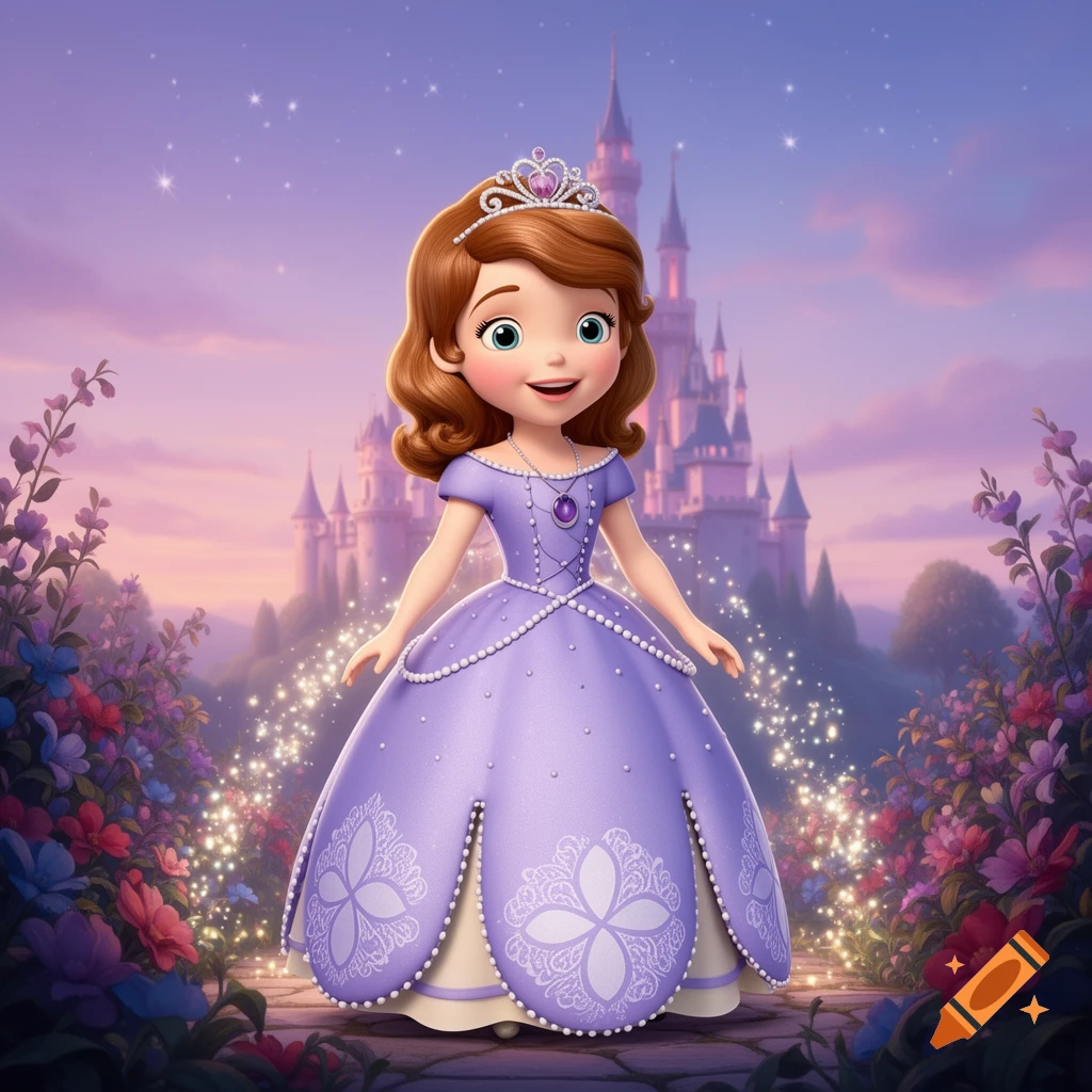 A cartoon princess in a purple gown and tiara stands in a magical garden with a castle in the background at dusk.