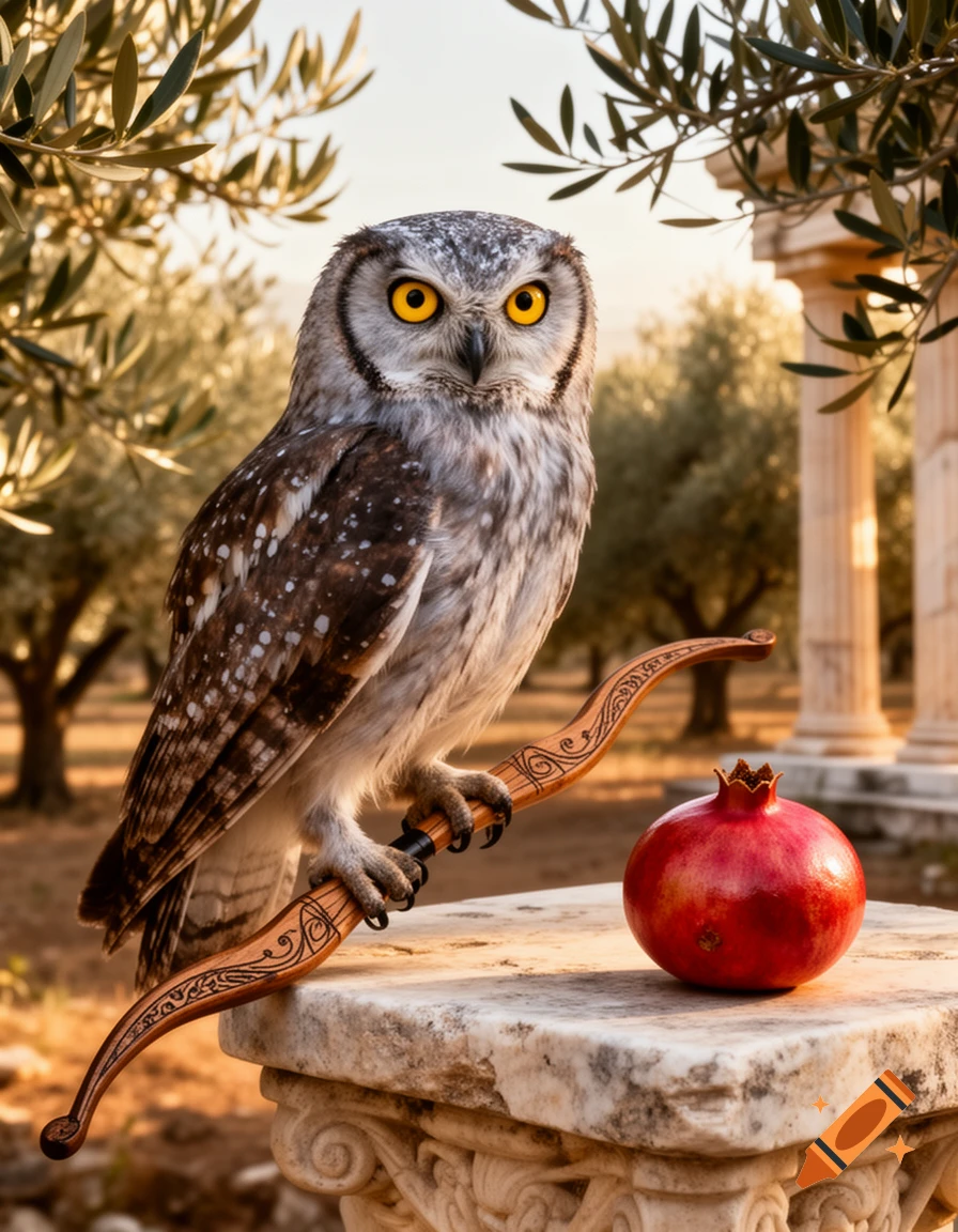 A photorealistic owl with yellow eyes perches on an ancient bow next to a red pomegranate, with classical columns and olive trees in the background.