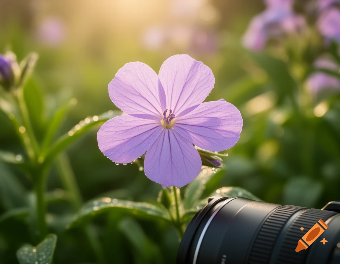 Close-up of a vibrant purple flower with dew drops and a camera lens, bathed in golden morning light.