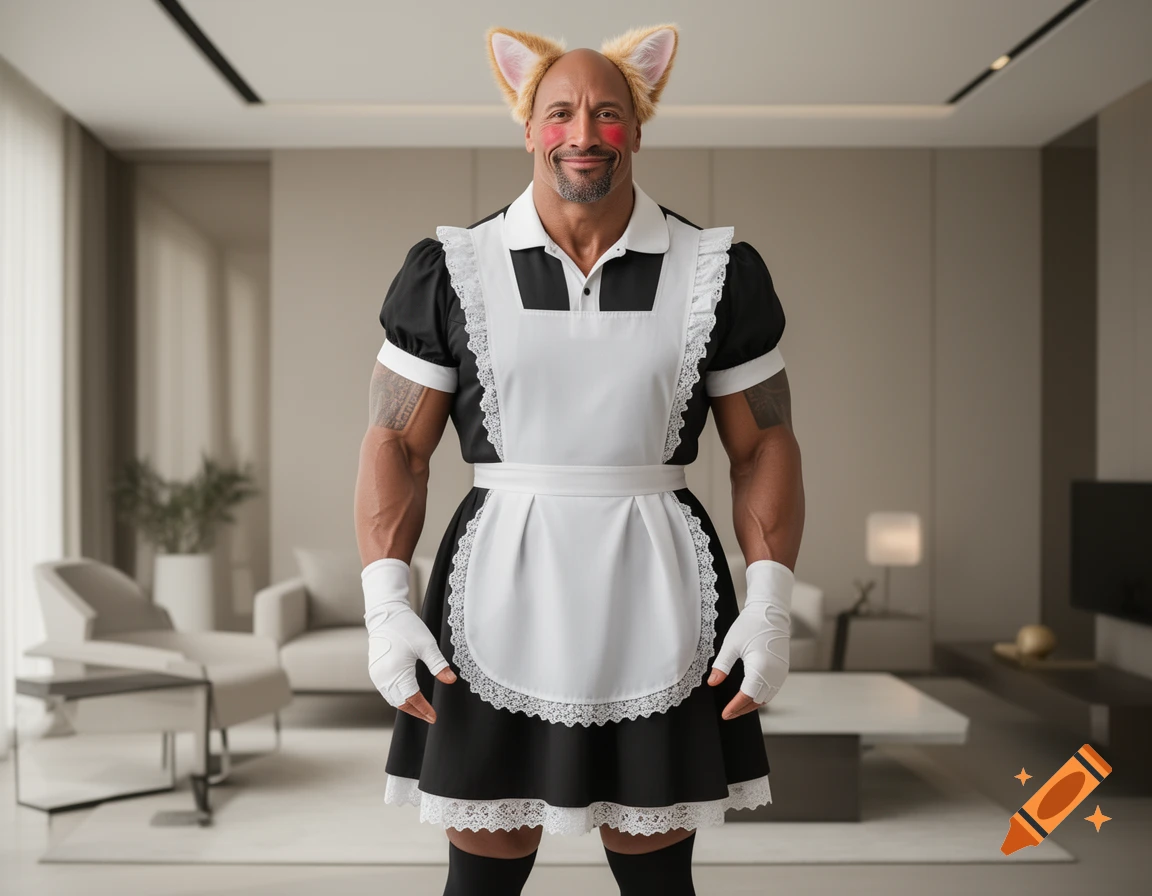 Dwayne Johnson in a black and white maid outfit with cat ears and blush, smiling in a modern room.