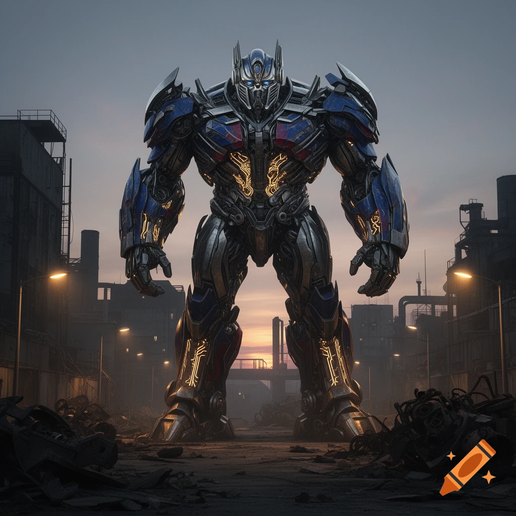 A towering, detailed blue and silver robot, resembling Optimus Prime, stands in a desolate industrial area at dusk with glowing yellow accents.