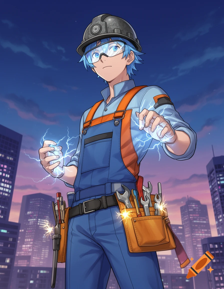 An anime male electrician in a hard hat, goggles, overalls, and tool belt, generating electricity with his hands against a city skyline at dusk.