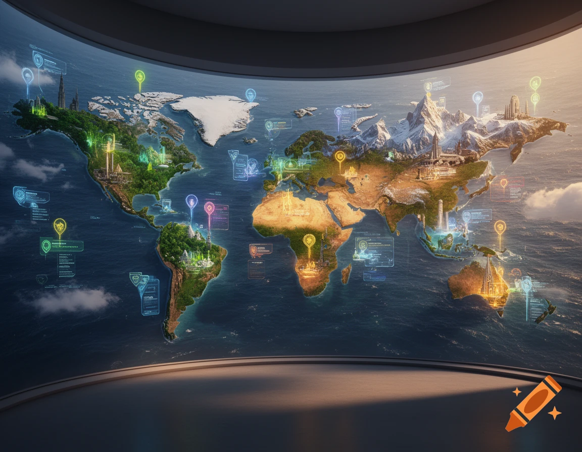 Futuristic 3D world map with glowing cityscapes, data points, and digital interfaces displayed on a curved screen.