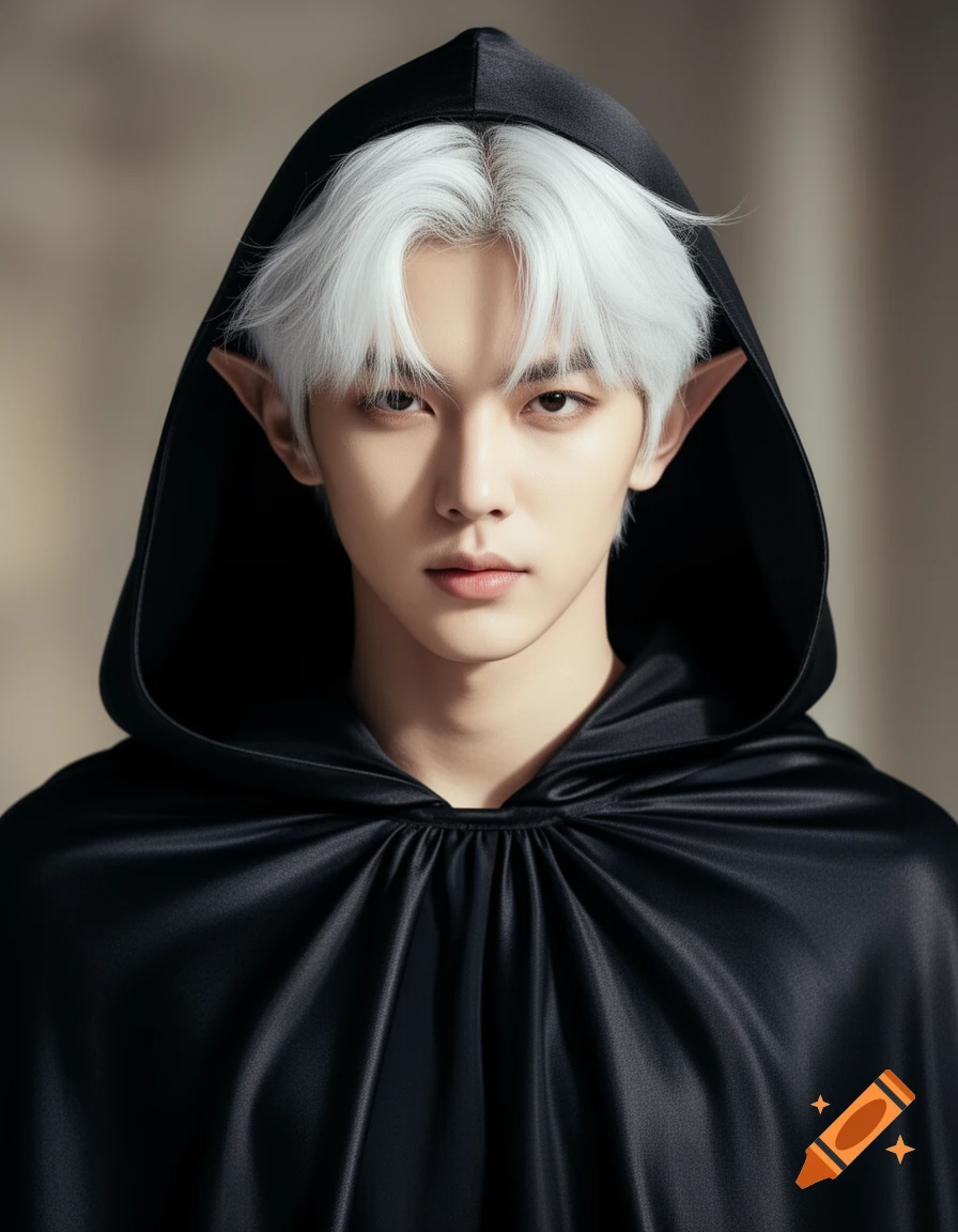 A young man with white hair and elf ears wears a black hooded cloak, staring intensely in a photorealistic portrait.