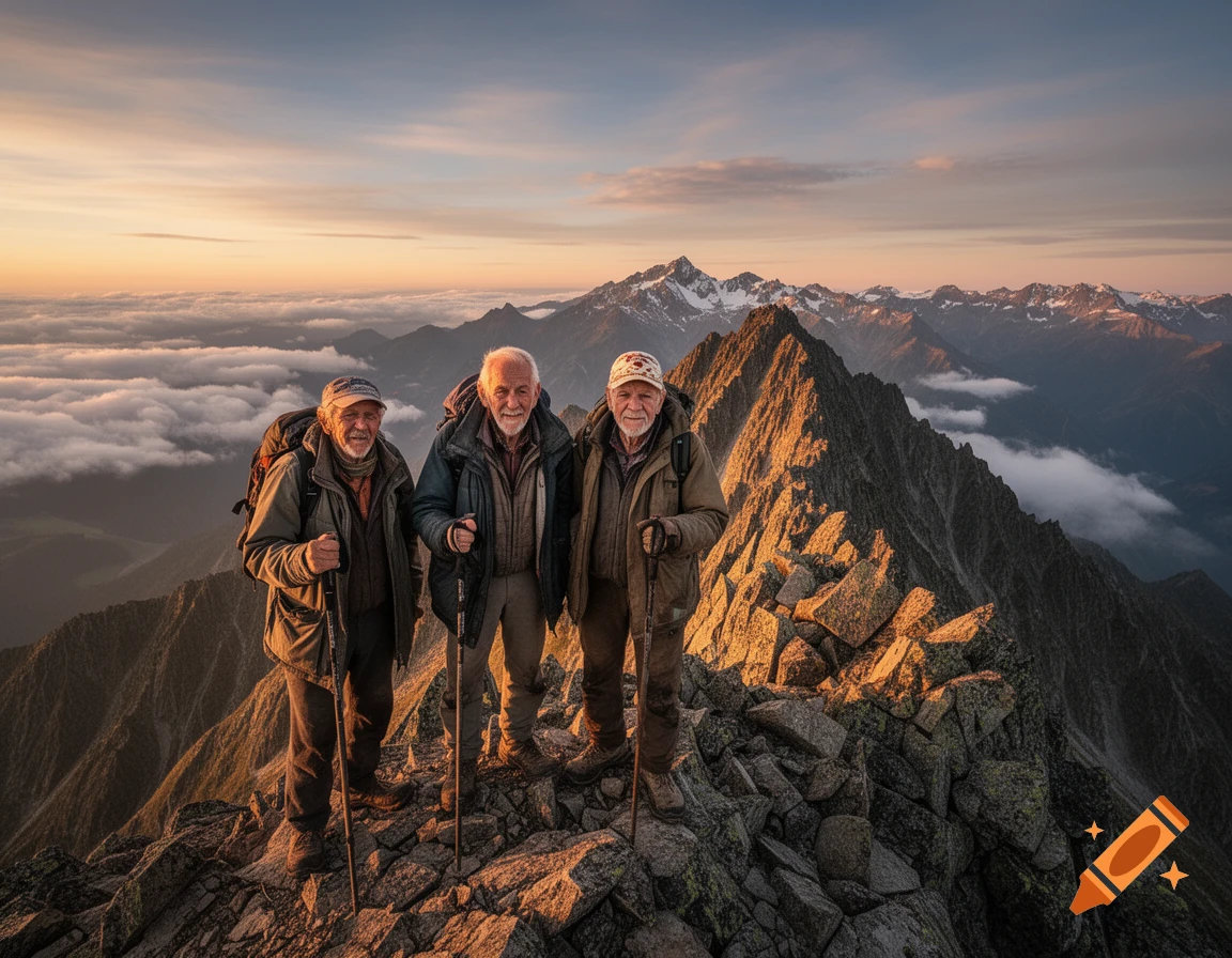 Three elderly men in hiking gear pose on a rocky mountain peak at sunset, with clouds and distant mountains.