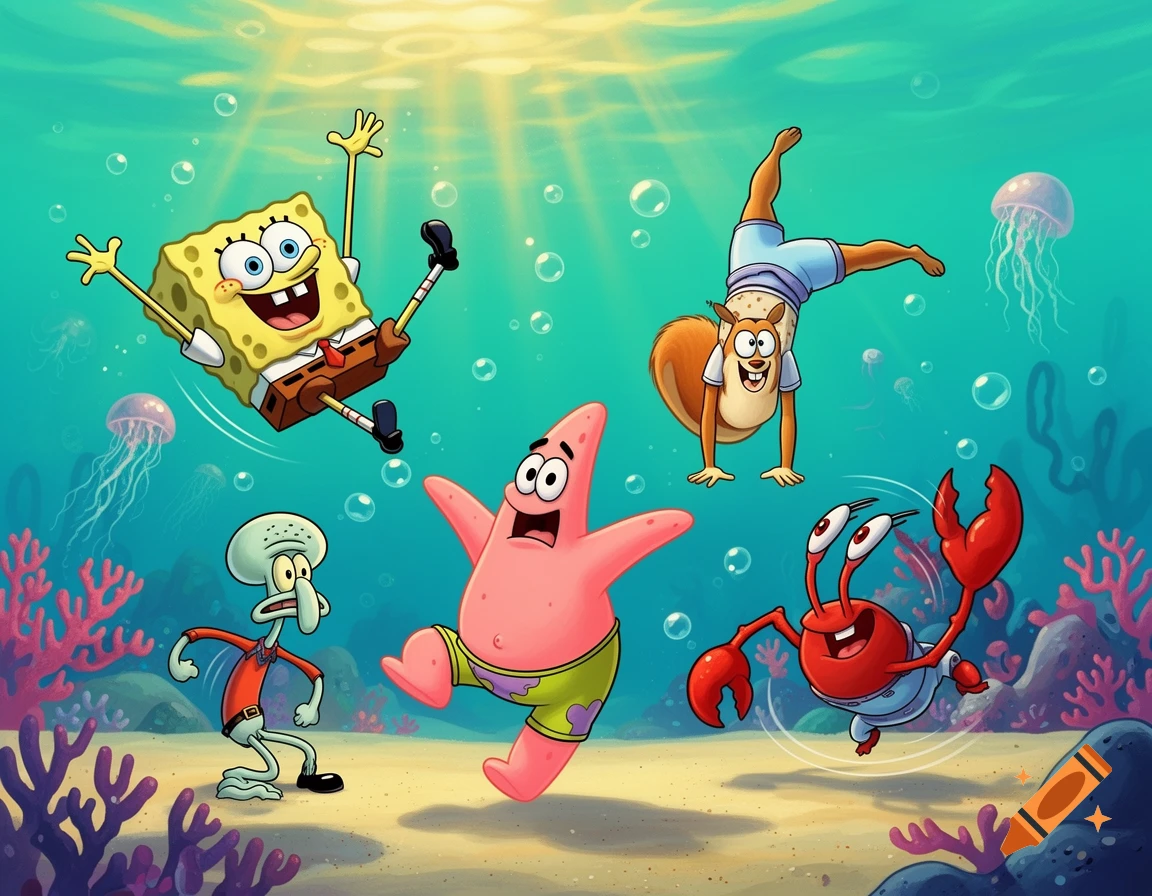 Vibrant cartoon of SpongeBob, Patrick, Sandy, Squidward, and Mr. Krabs doing dynamic poses underwater amidst coral and jellyfish.