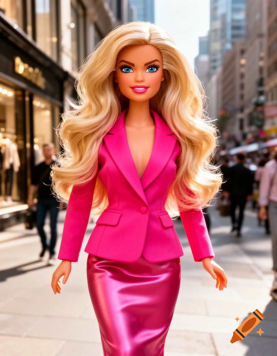 Photorealistic Barbie-like doll in a bright pink business suit walking on a bustling city street.