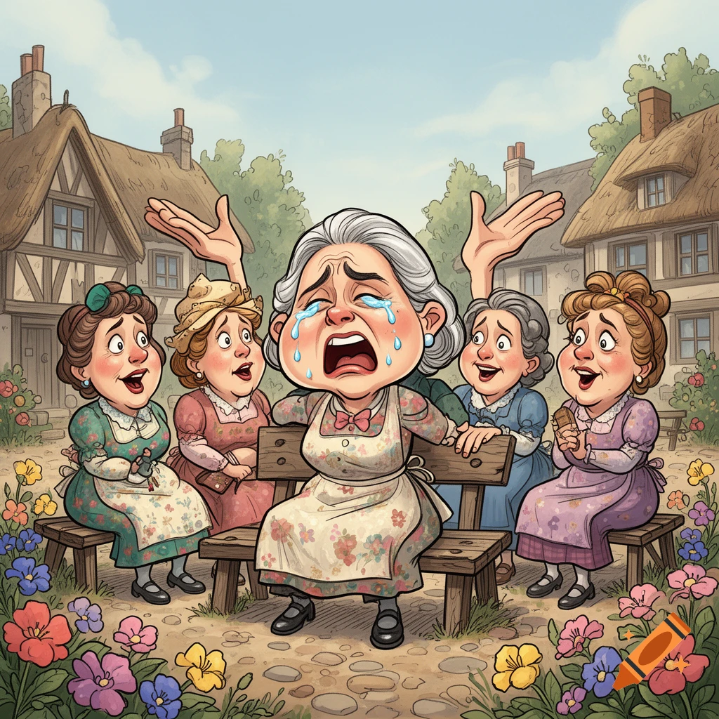 Comic caricature of a crying older woman on a bench, surrounded by four friends in a village with flowers.