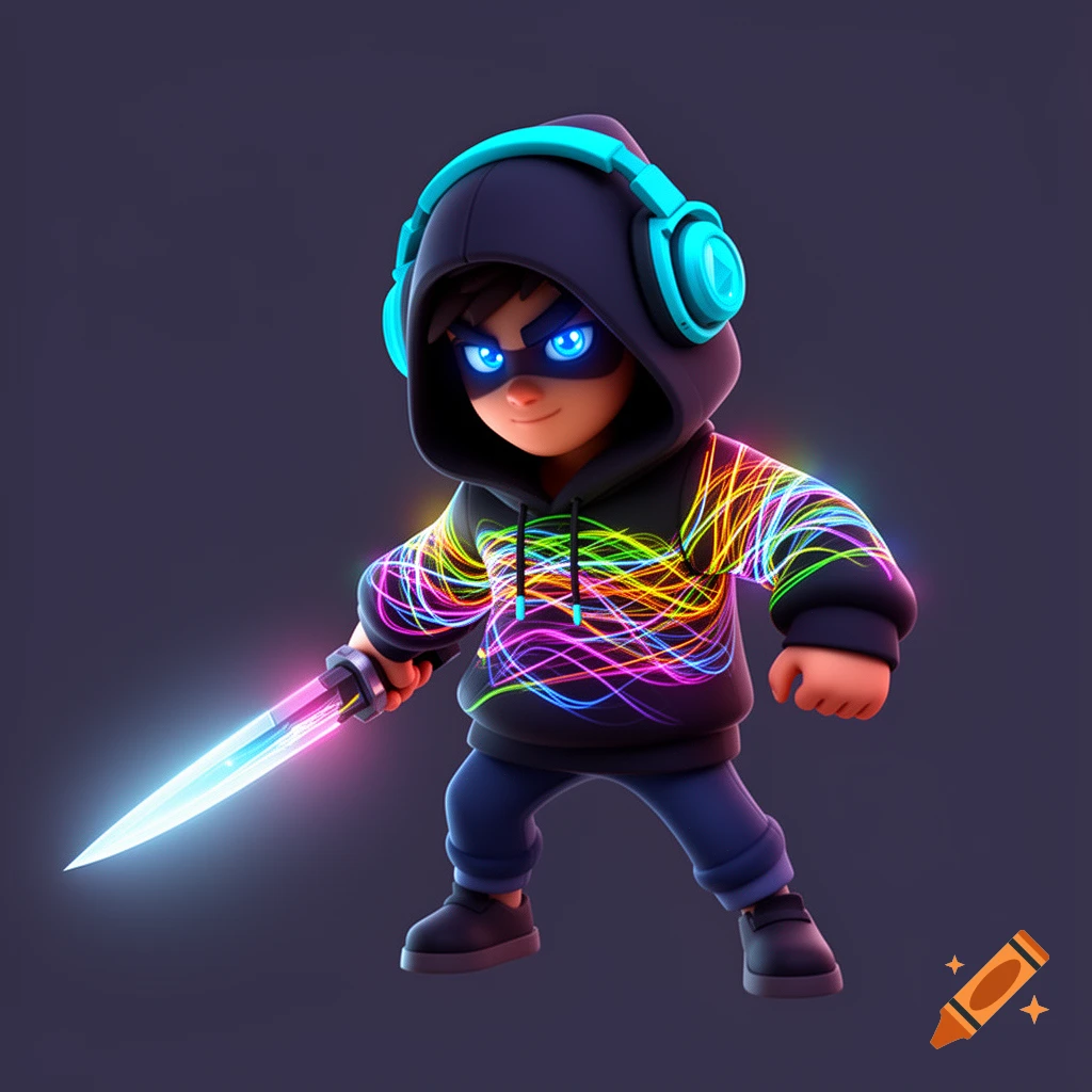 A 3D stylized gaming character of a boy in a dark hoodie with glowing RGB lines, blue eyes, cyan headphones, and a glowing laser sword.