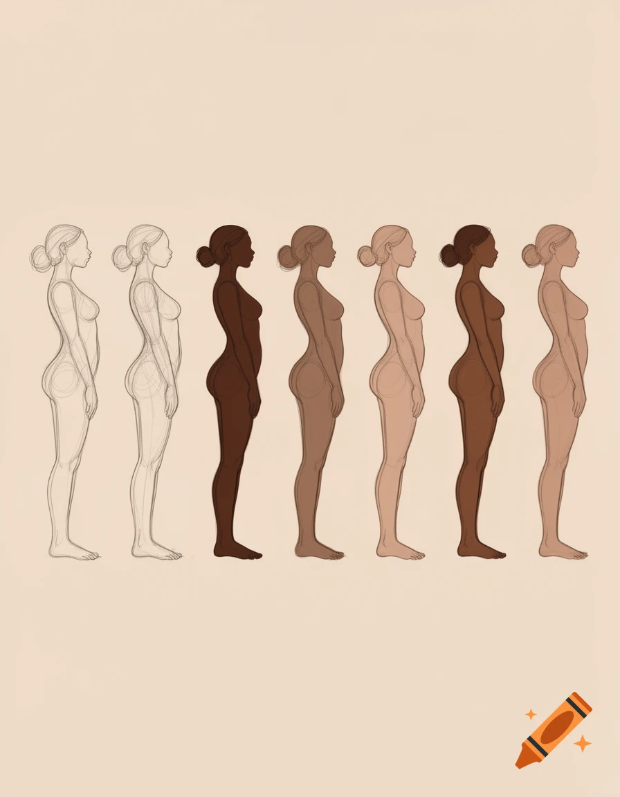 Seven stylized female body bases in profile, showing different skin tones and line art variations.