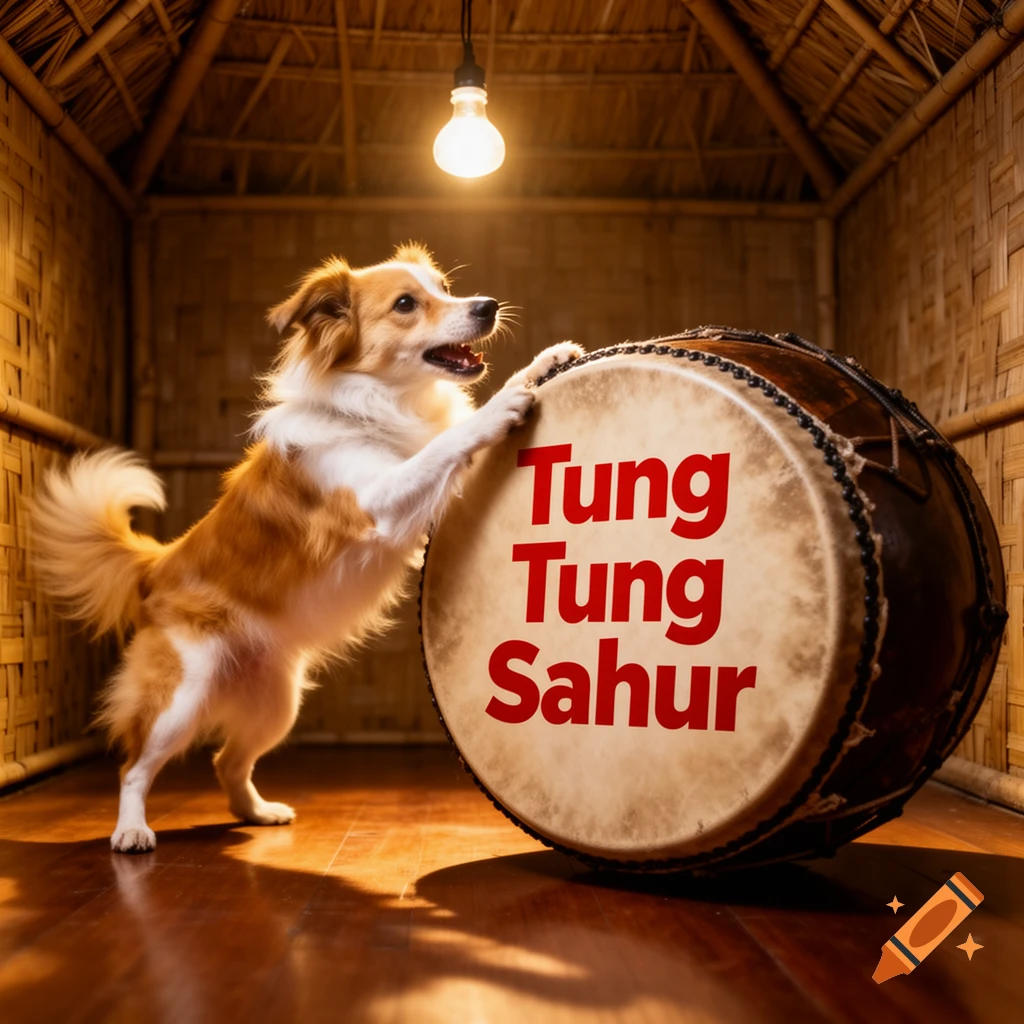 A brown and white dog stands on its hind legs, paws resting on a large drum with 'Tung Tung Sahur' written in red, under a light bulb in a bamboo room.