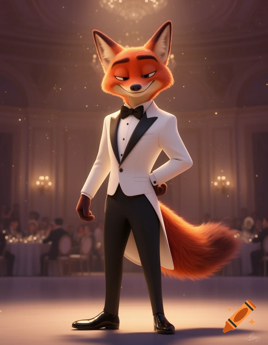 Nick Wilde, an anthropomorphic fox, in a white tuxedo and black pants, stands in a grand ballroom.