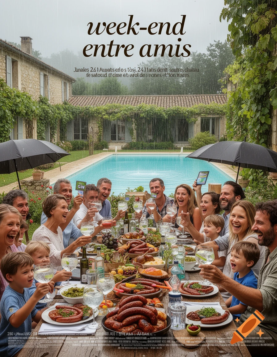 A large group of adults and children happily gather around a long wooden table laden with food and drinks in an outdoor setting with a pool and a large house in the background, as rain falls.