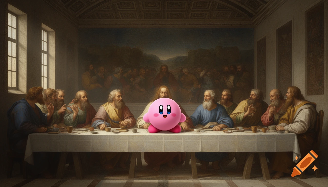 A pink, round Kirby sits in the place of Jesus at a recreation of Leonardo da Vinci's The Last Supper painting.