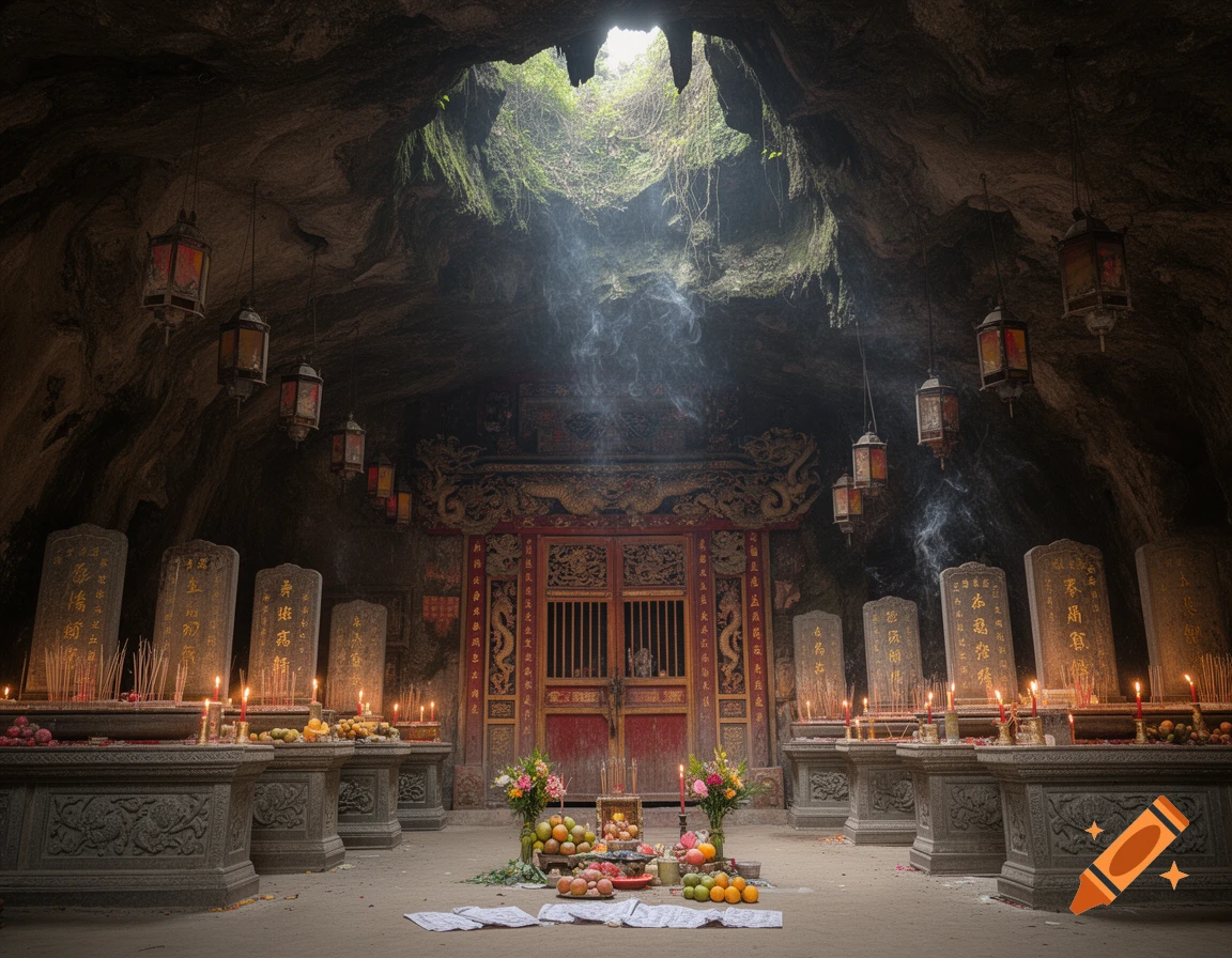 A dimly lit East-Asian style cave temple with a central altar, fruit offerings, incense, and ornate memorial tablets under a skylight.