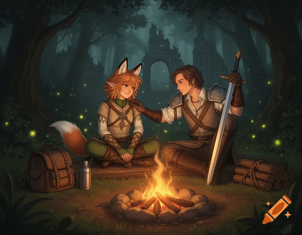 Two fantasy characters, one fox-eared and one human-like warrior, sit by a campfire in a mystical forest with ruins in the background.