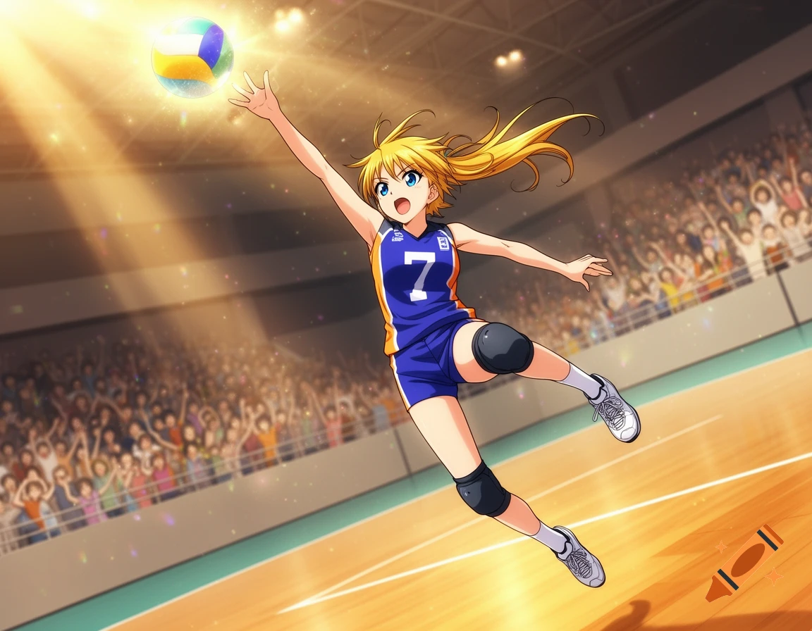 An anime girl with blonde hair in a blue and orange volleyball uniform with number 7 jumps to hit a volleyball in a brightly lit arena.