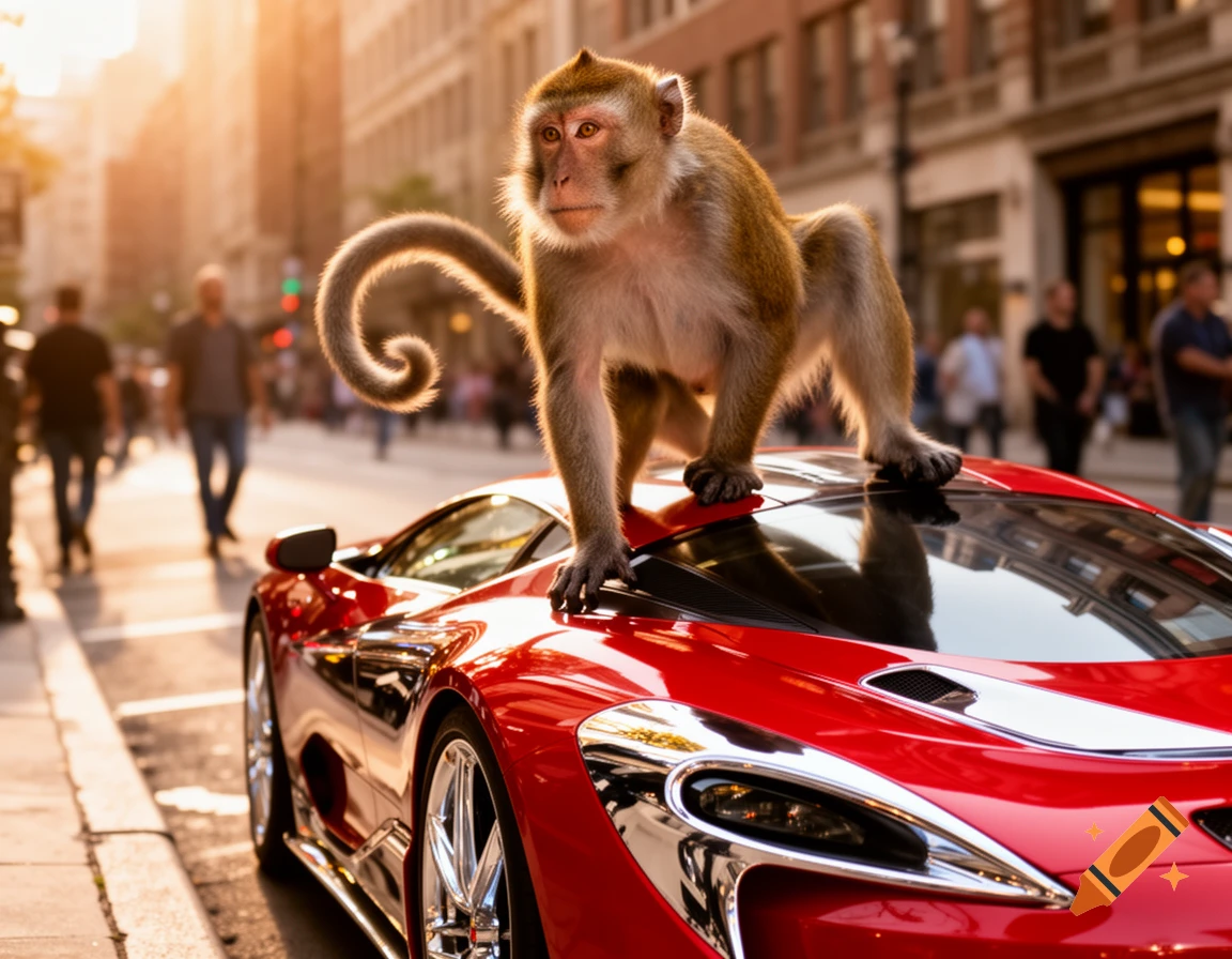 A photorealistic image of a monkey standing on a red sports car on a city street during golden hour.
