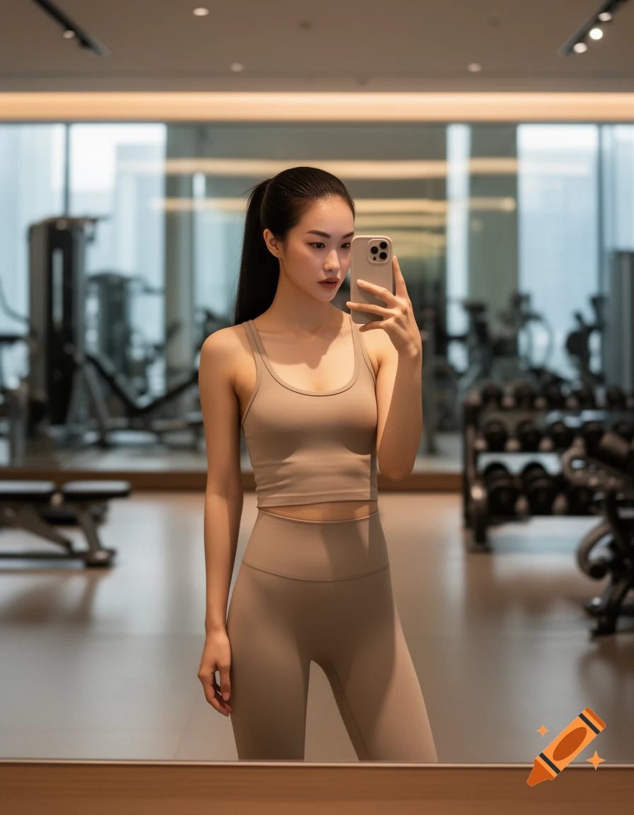 A stylish East Asian woman in a neutral-colored tank top and leggings takes a mirror selfie in a modern gym.
