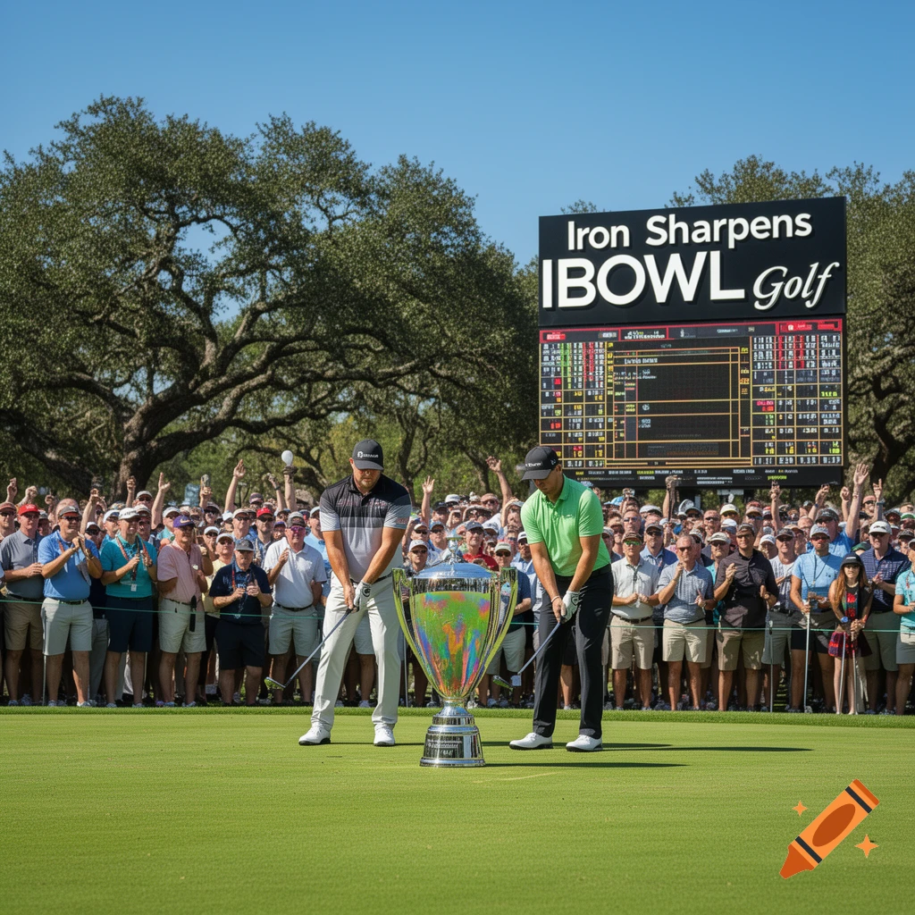 Two golfers stand next to a large trophy on a golf course, surrounded by a cheering crowd and a scoreboard in the background.