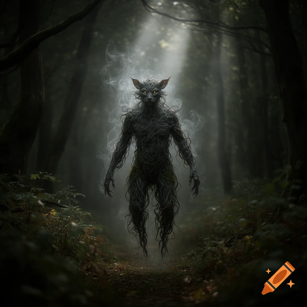 A dark, root-like humanoid creature with glowing yellow eyes stands amidst smoke on a misty forest path, lit by sunbeams.