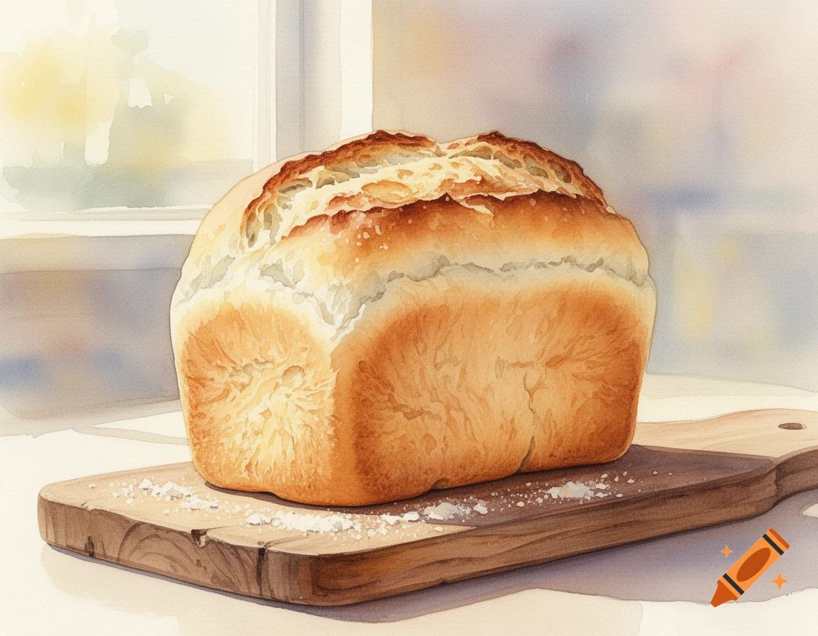 A watercolor painting of a freshly baked loaf of bread on a wooden cutting board with scattered flour.