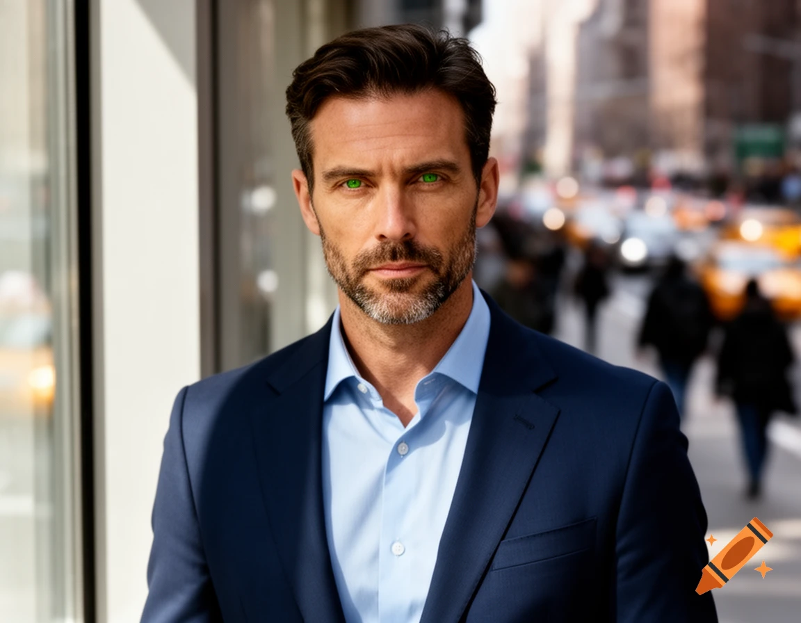 A man with a beard and striking green eyes wears a suit, standing on a blurred city street.