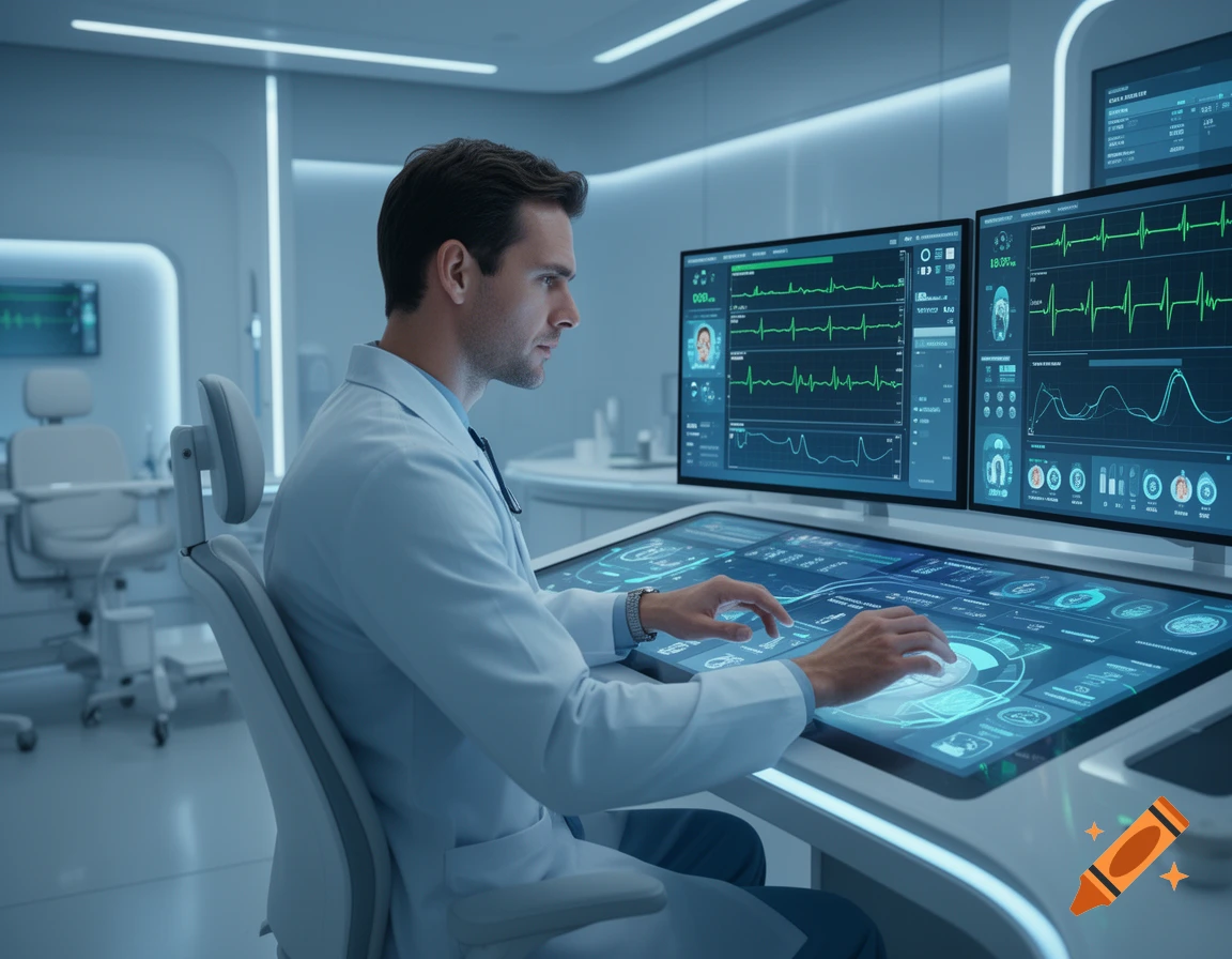 A male doctor in a white lab coat monitors patient data on multiple glowing screens in a futuristic, sleek medical lab.
