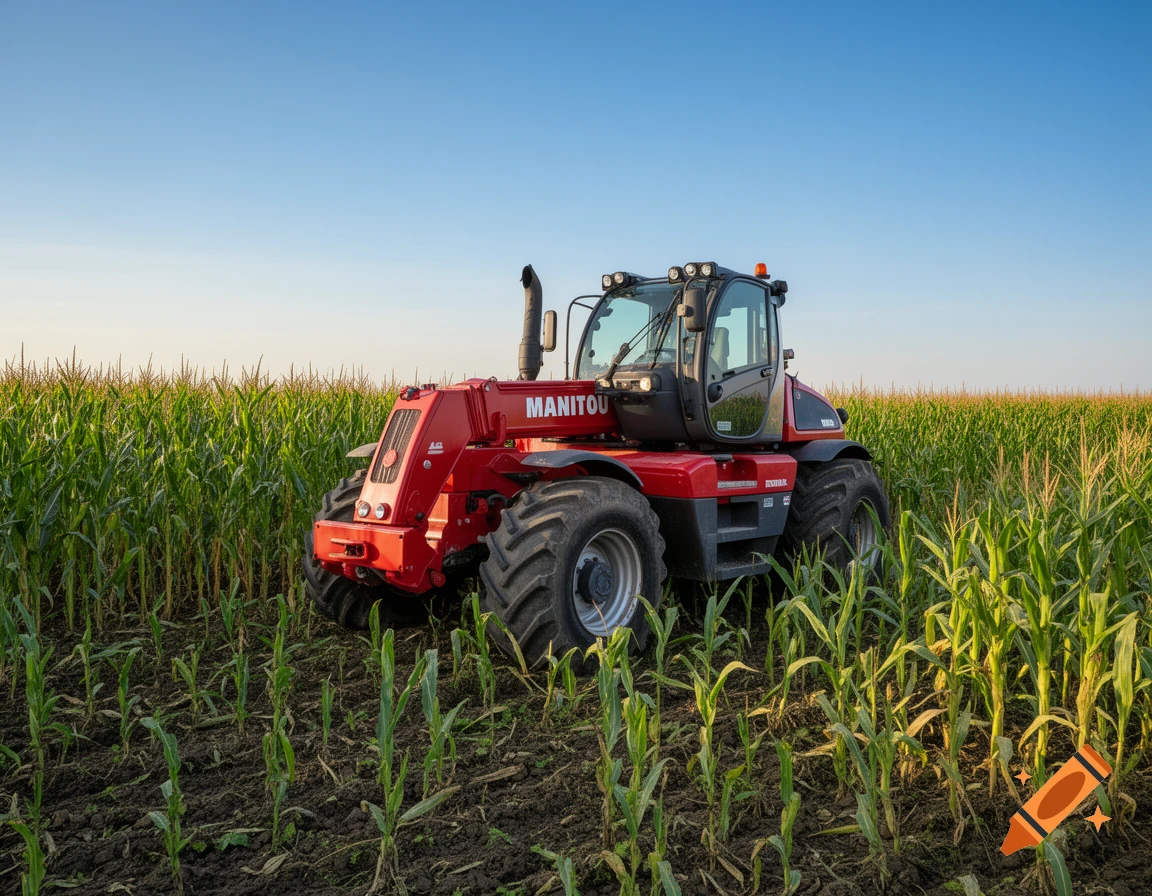 Red Manitou telehandler in a vibrant green cornfield under a clear blue sky.